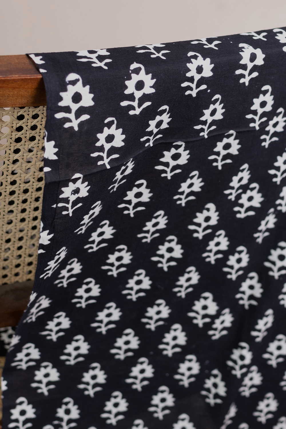Cream Florets on Black Bagru Cotton Fabric - Image 3