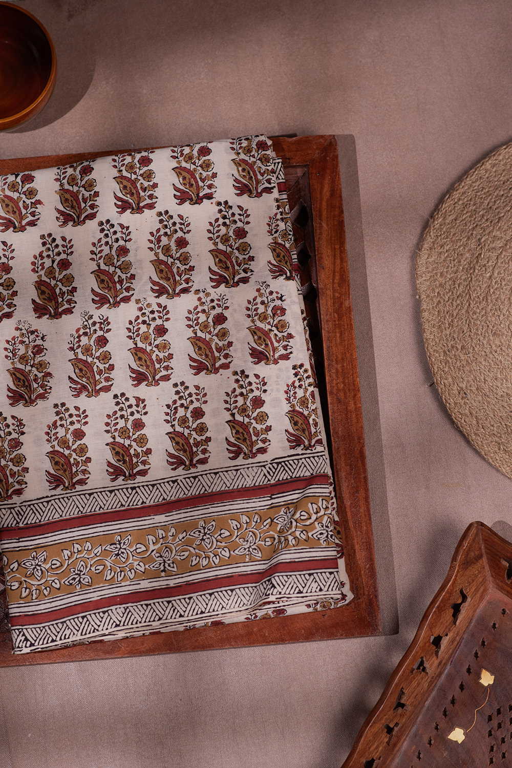 Buttas on Beige Bagru Mul Cotton saree