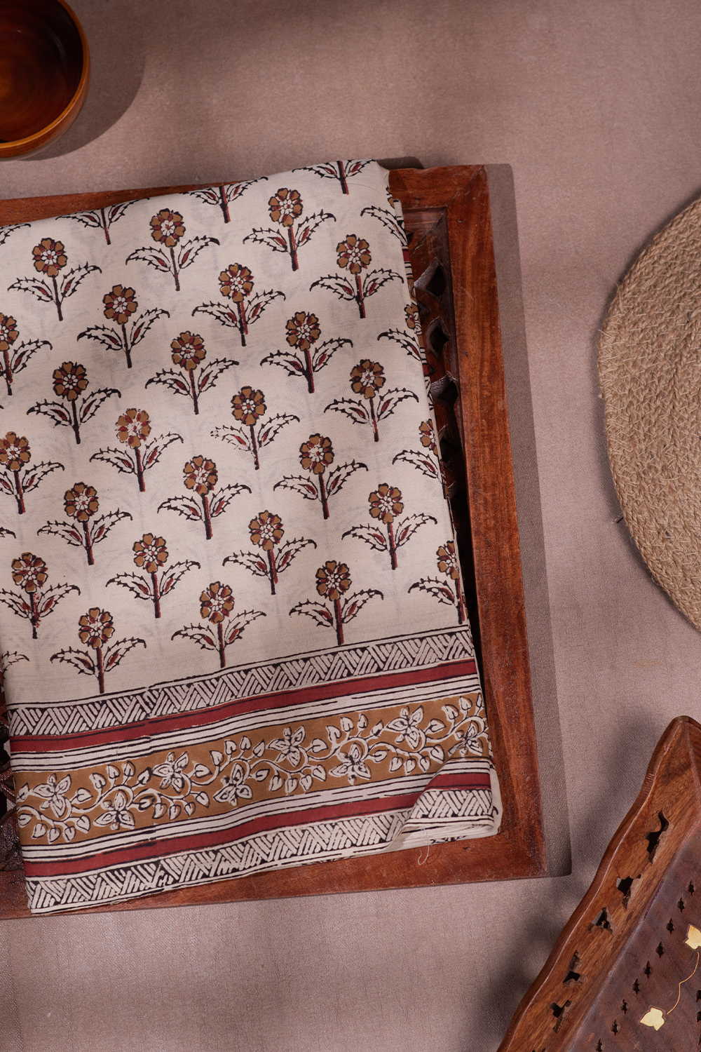 Lighter Beige - Bagru Mul Cotton saree