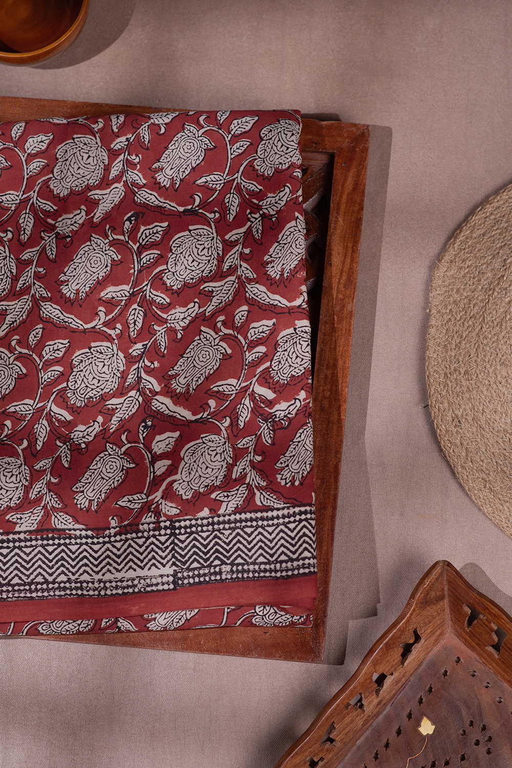 Maroon Floral Bagru Mul Cotton saree