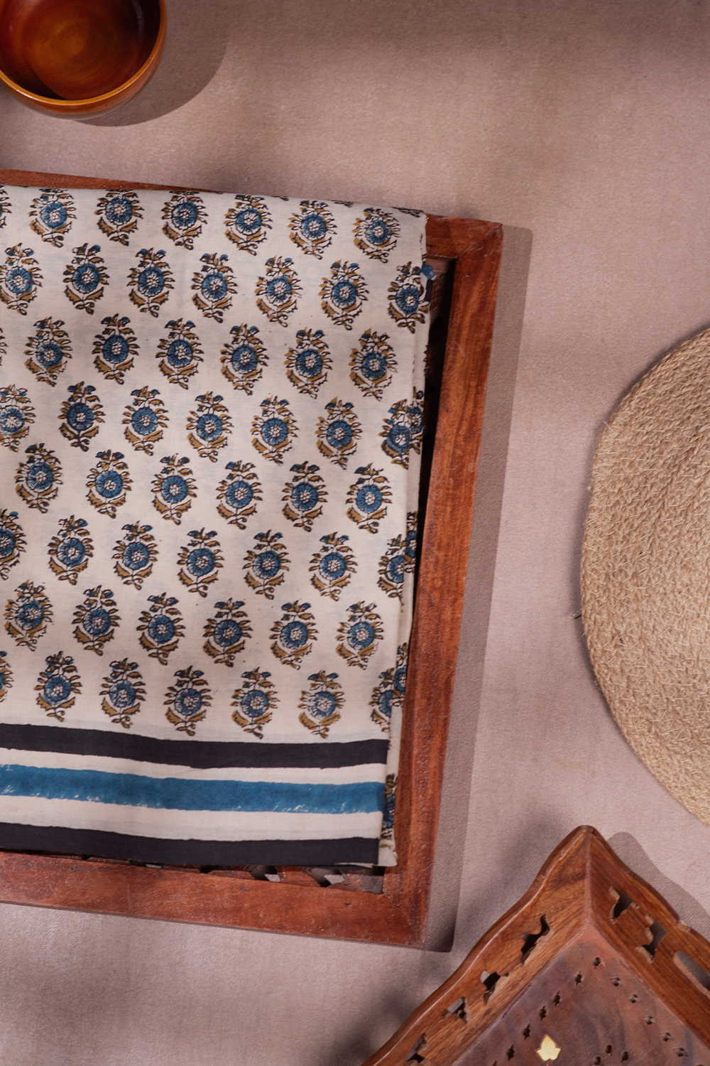 Beige Bagru Mul Cotton saree