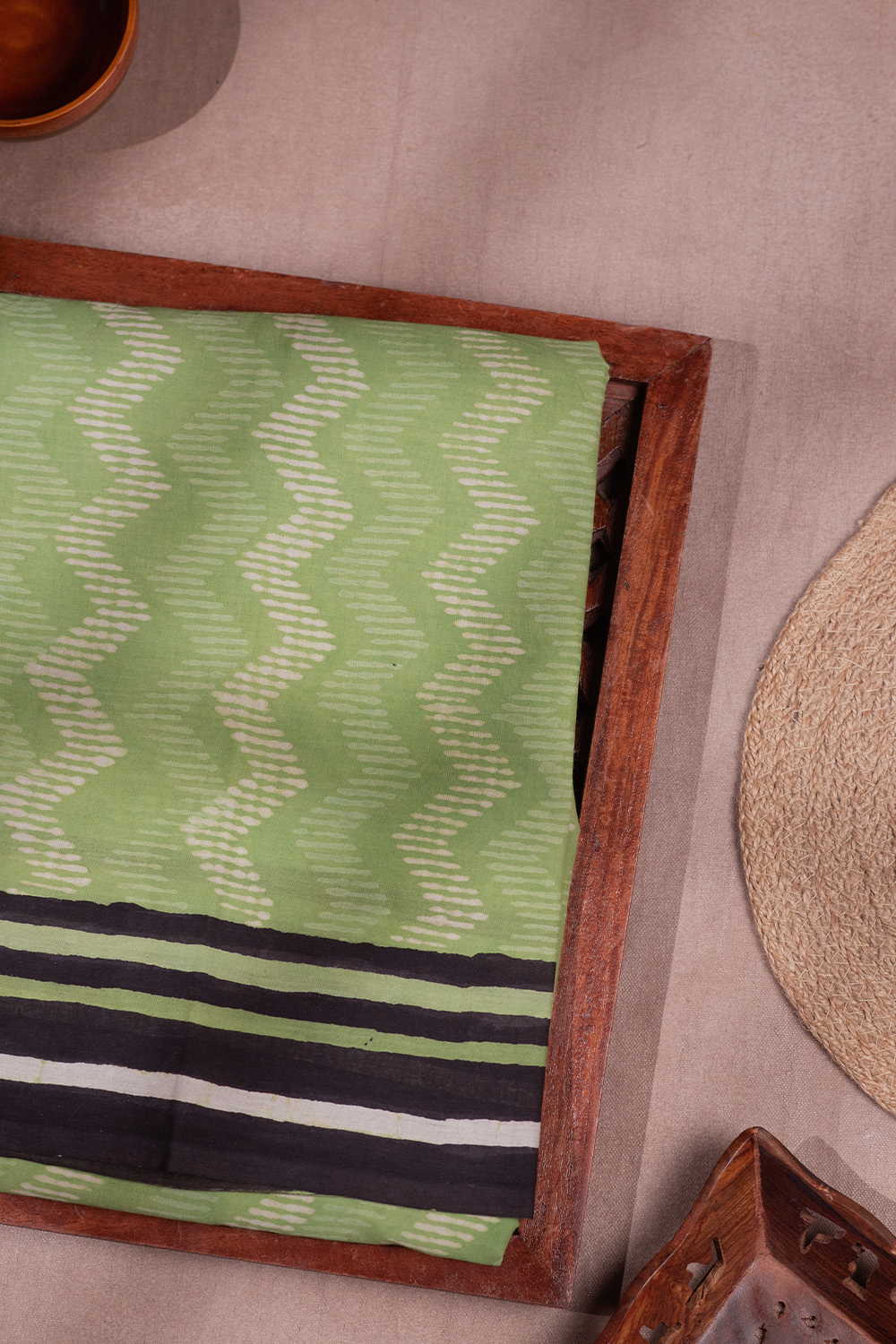 Green with Chevron Design Dabu Mul Cotton saree