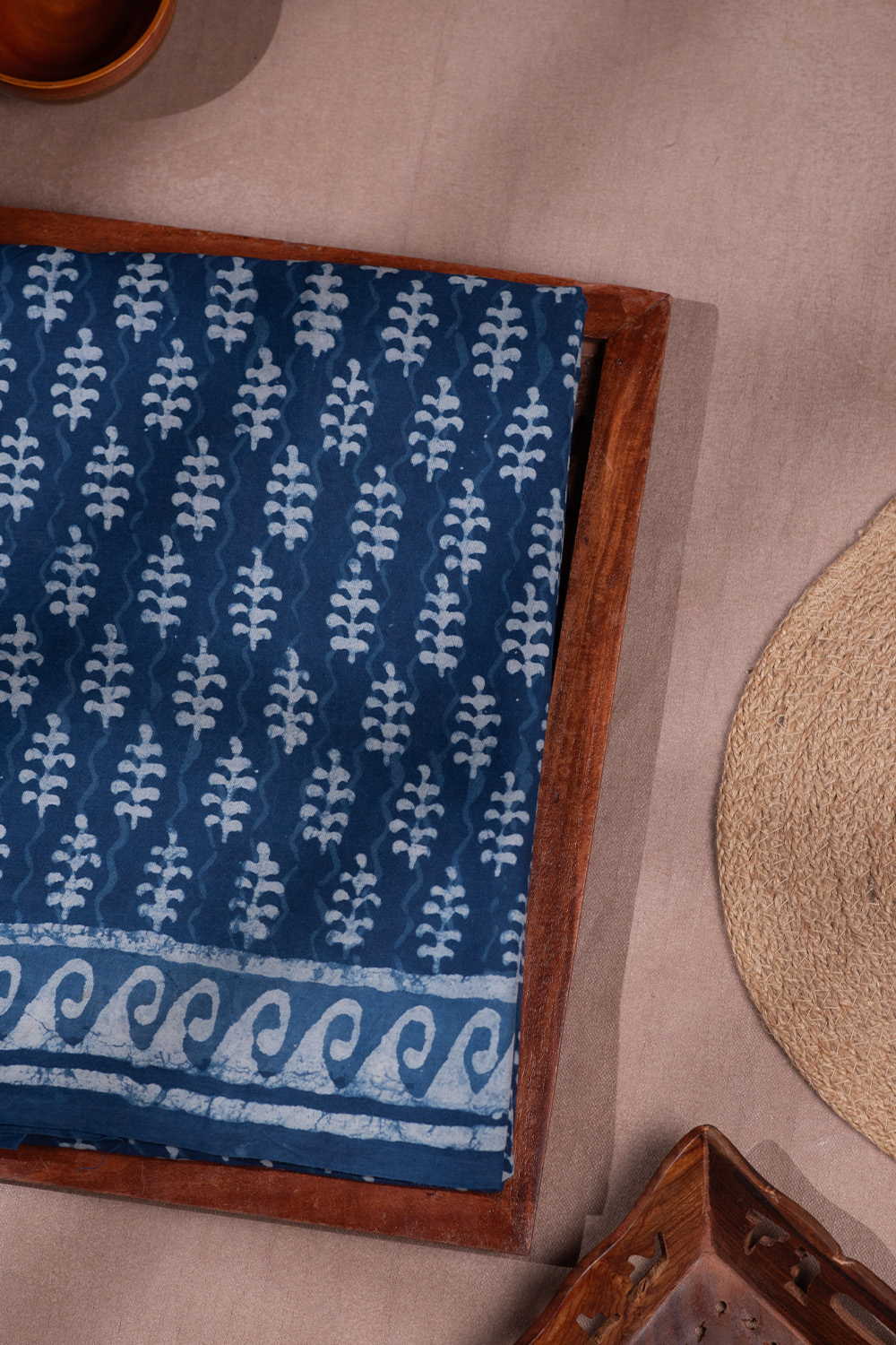 Motifs on Indigo Dabu Mul Cotton saree