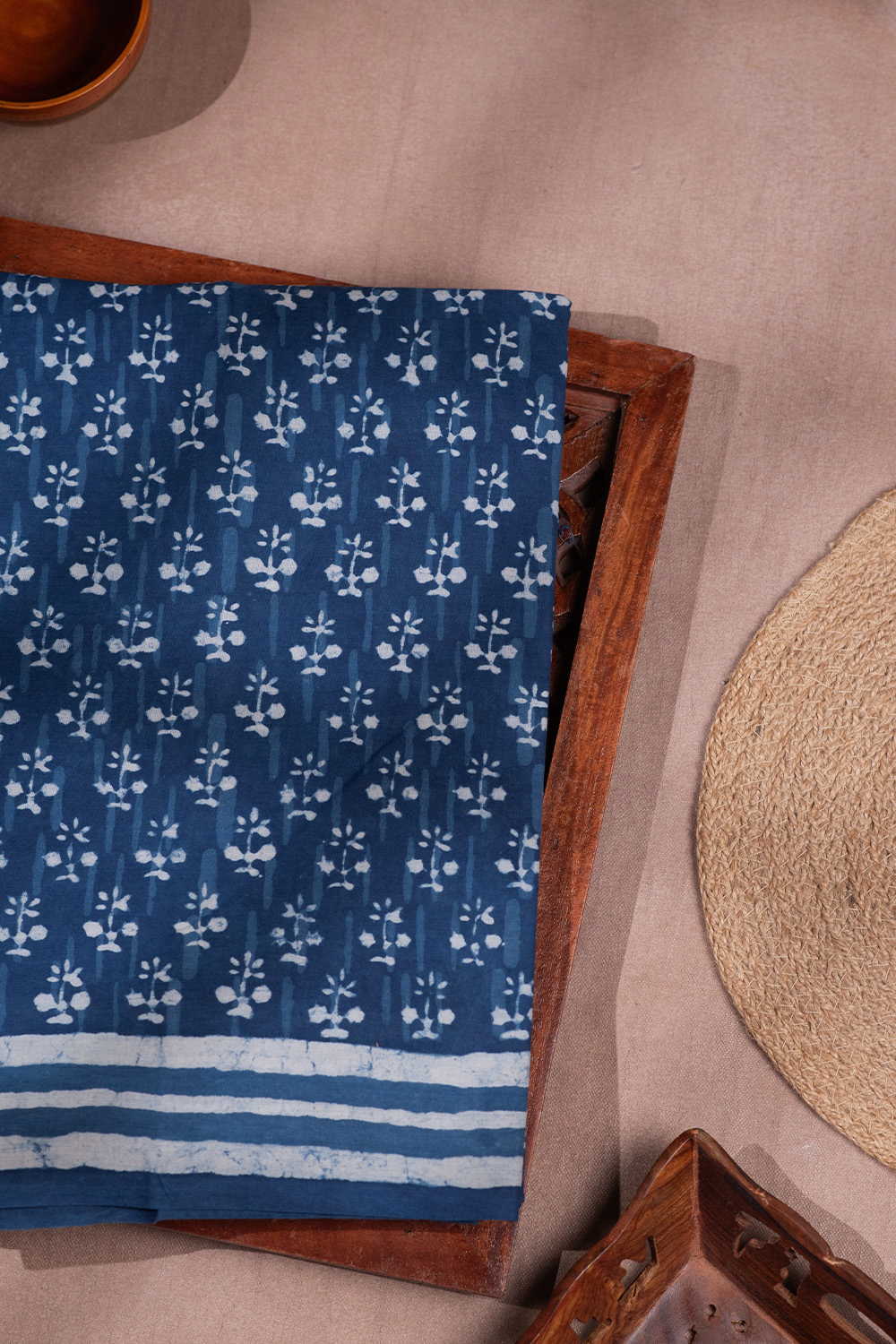 Floral Motifs on Indigo Dabu Mul Cotton saree