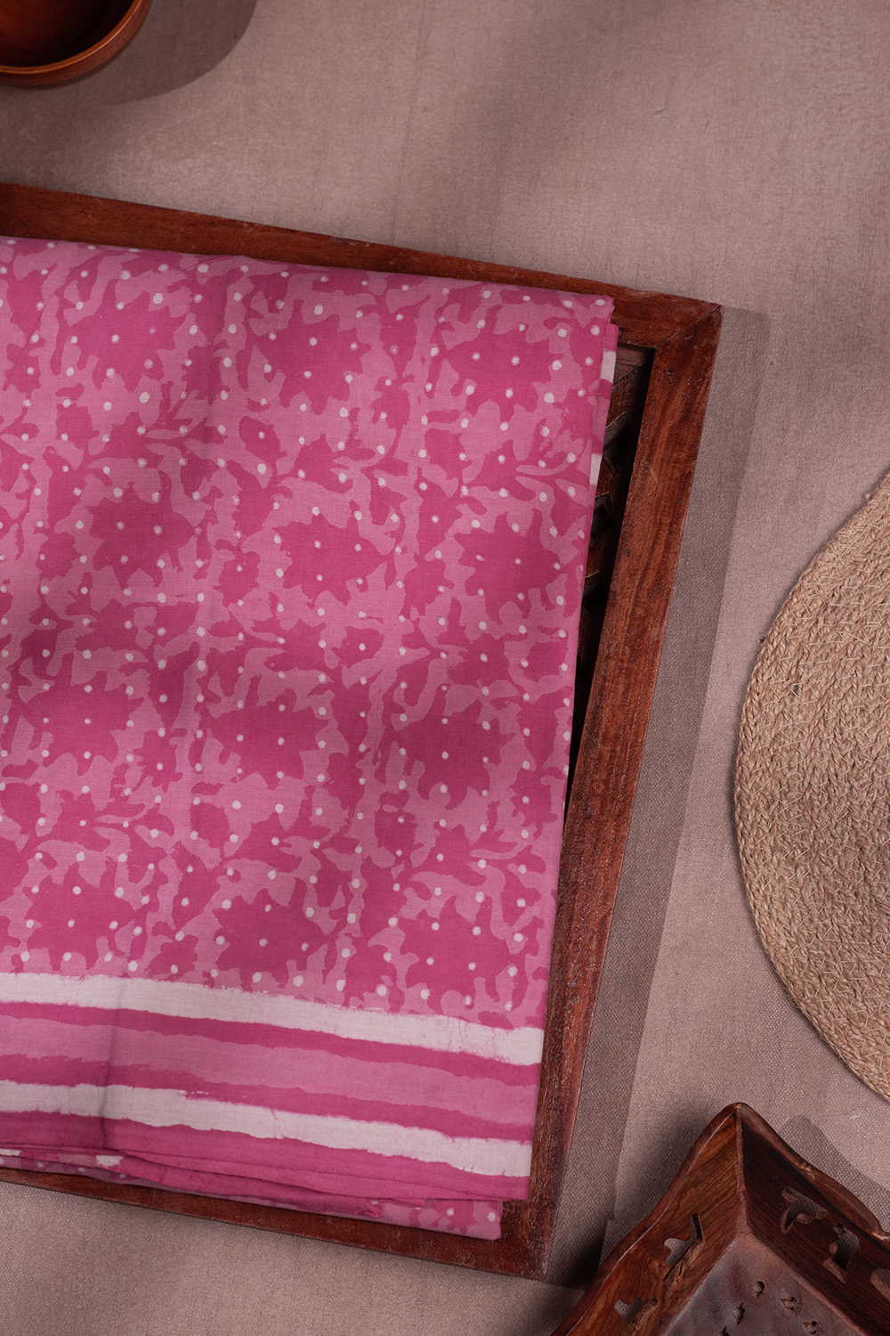 Floral Pattern Pink Dabu Mul Cotton saree