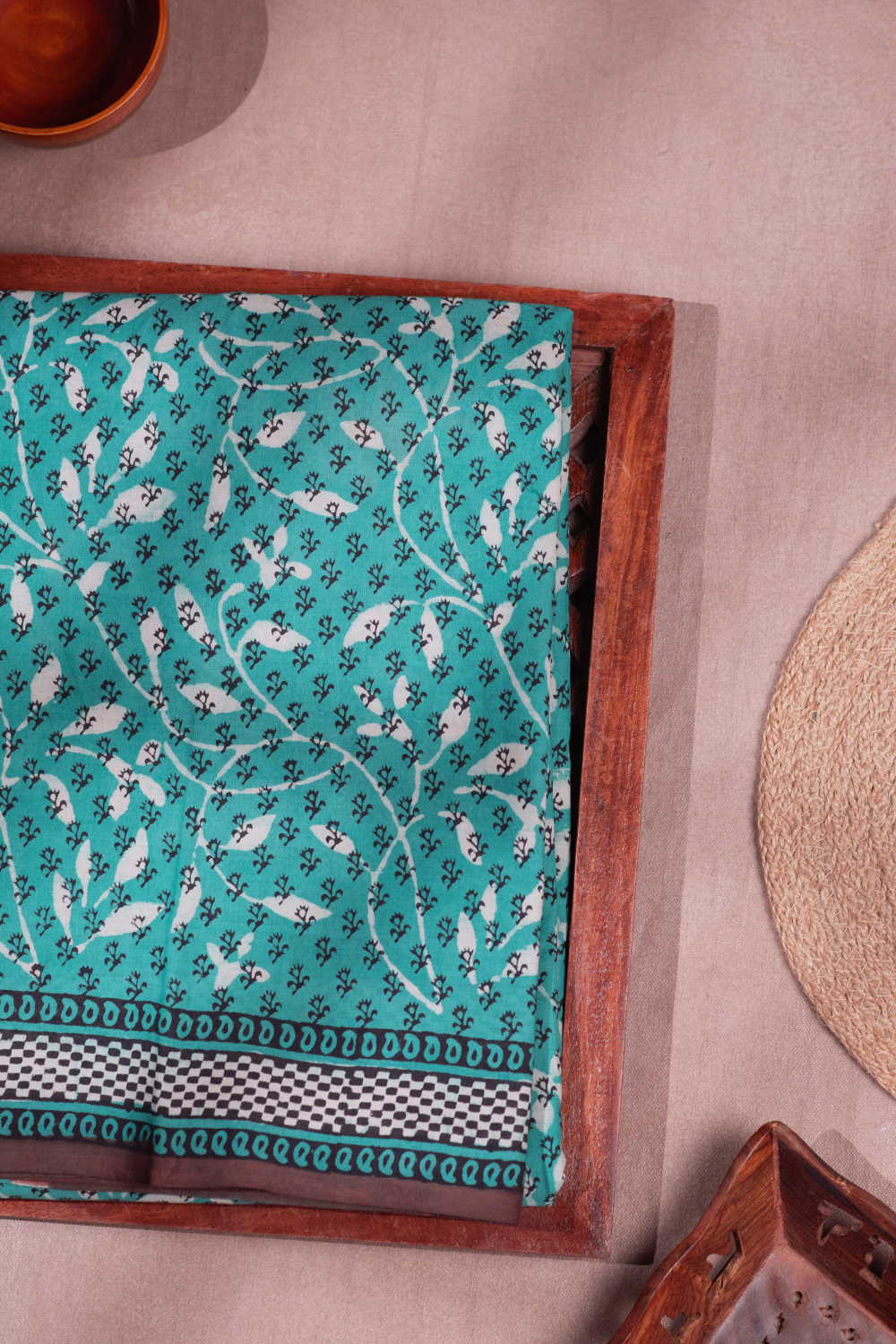 Leafy Veins on Green Bagru Mul Cotton saree
