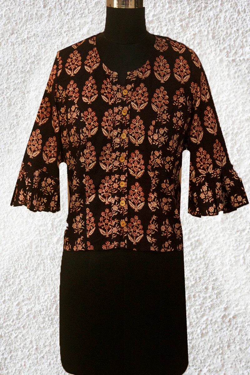 Black with Beige Bagh Print Crop Top- 36 & 40 Size - Image 4