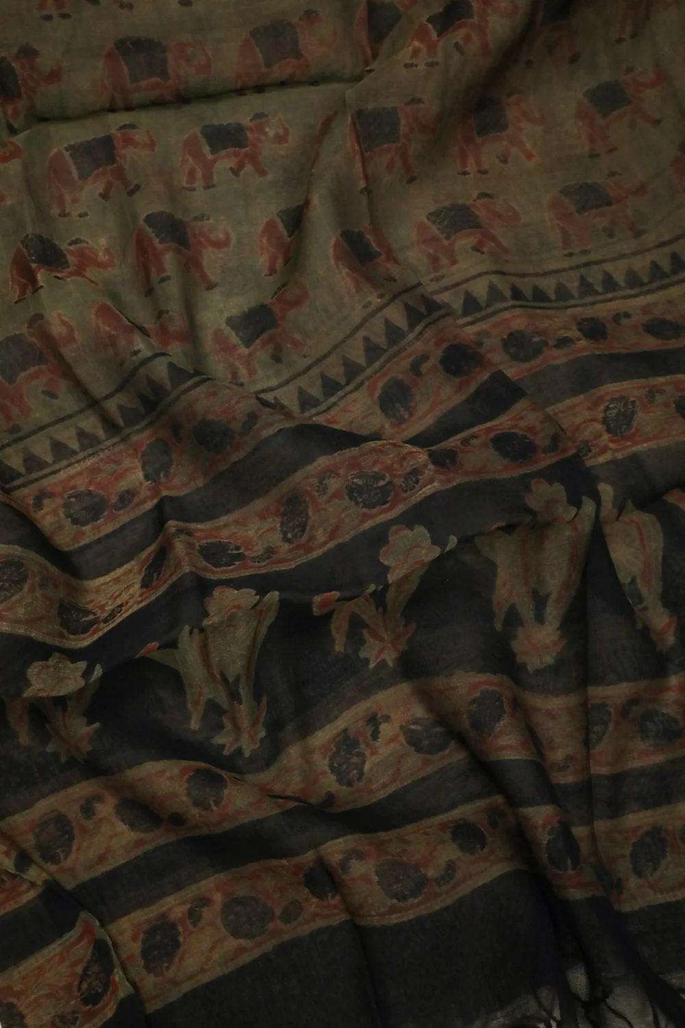 Green with Elephant Motifs Block Printed Chanderi Dupatta - Image 3