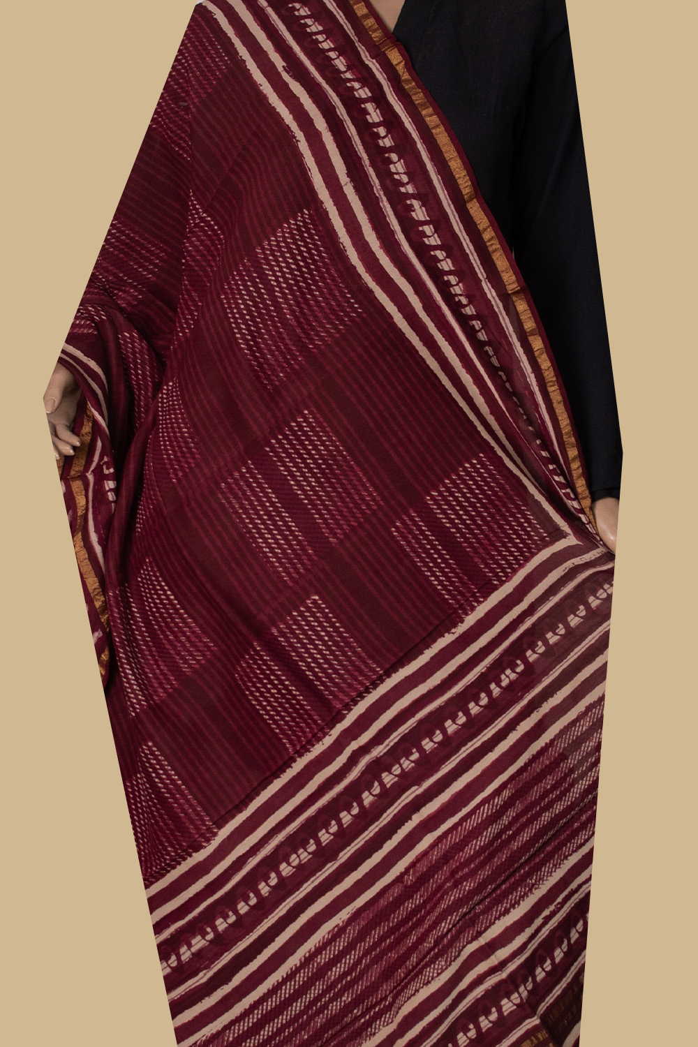 Sangria Maroon Block Printed Chanderi Dupatta