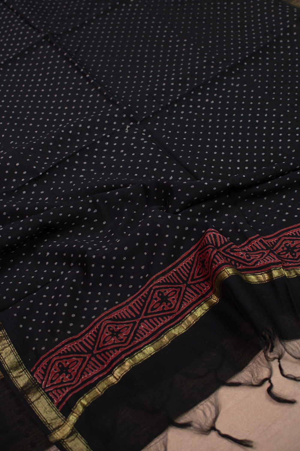 Dots on Black Block Printed Chanderi Dupatta - Image 2