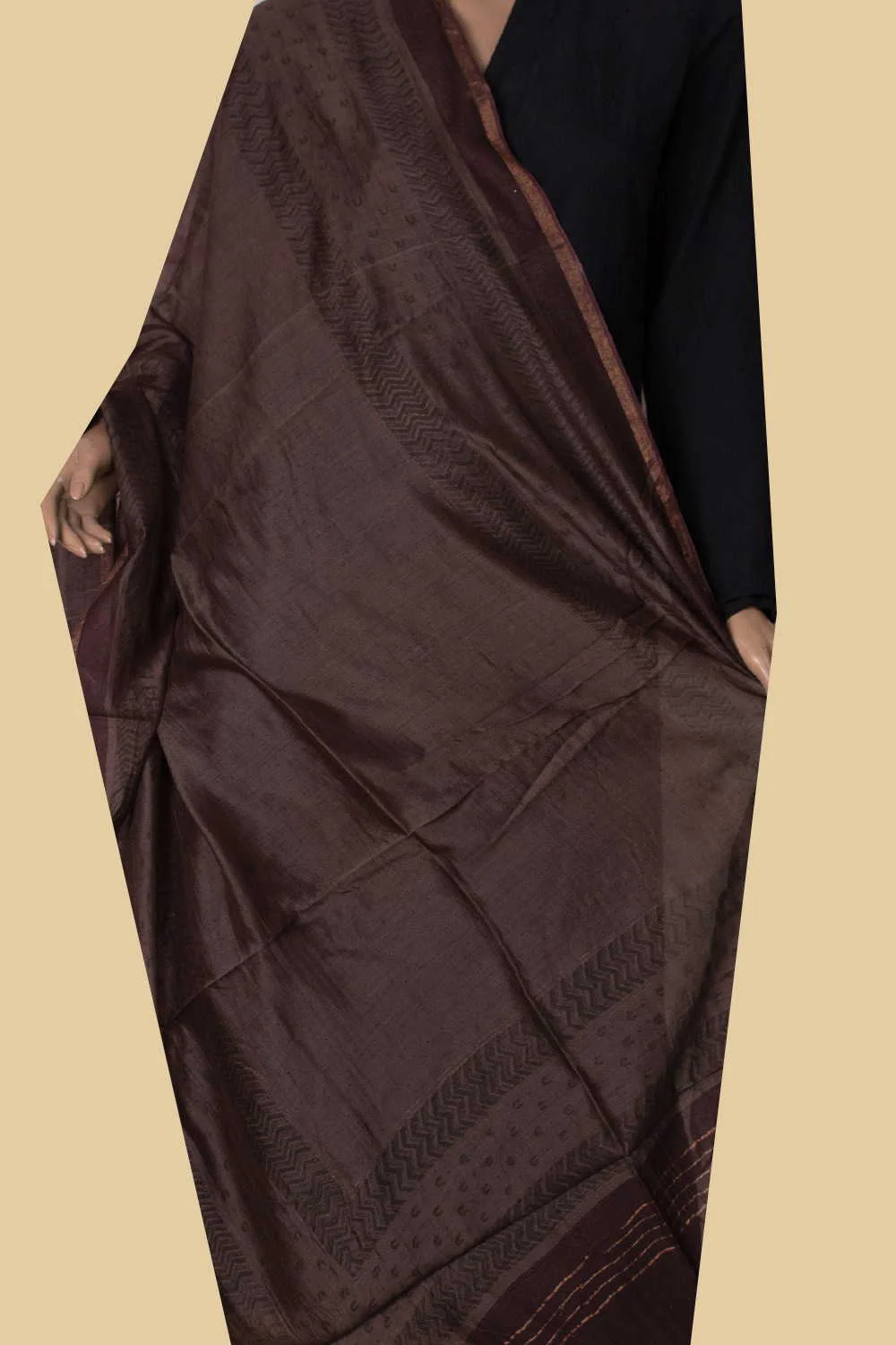 Midnight Brown Block Printed Chanderi Dupatta
