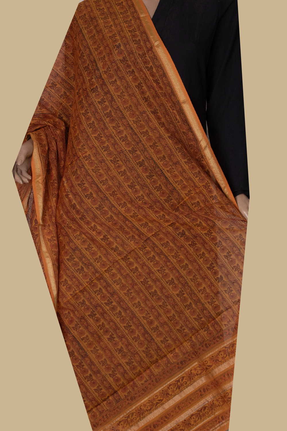 Orange Block Printed Chanderi Dupatta