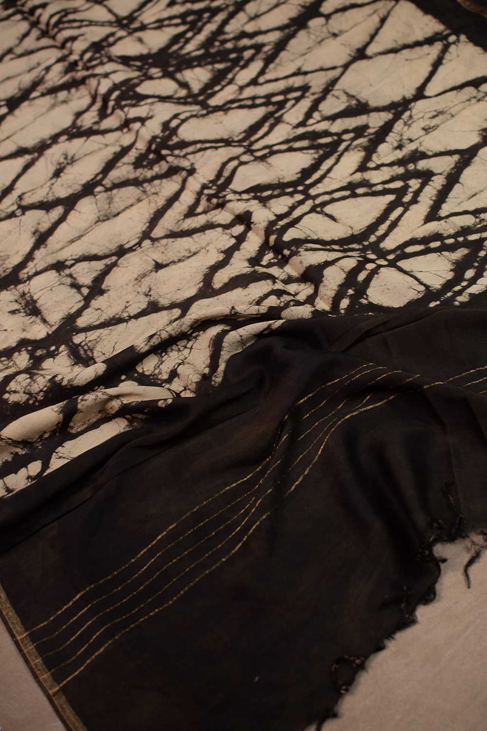 Black with Cream Block Printed Chanderi Dupatta - Image 2