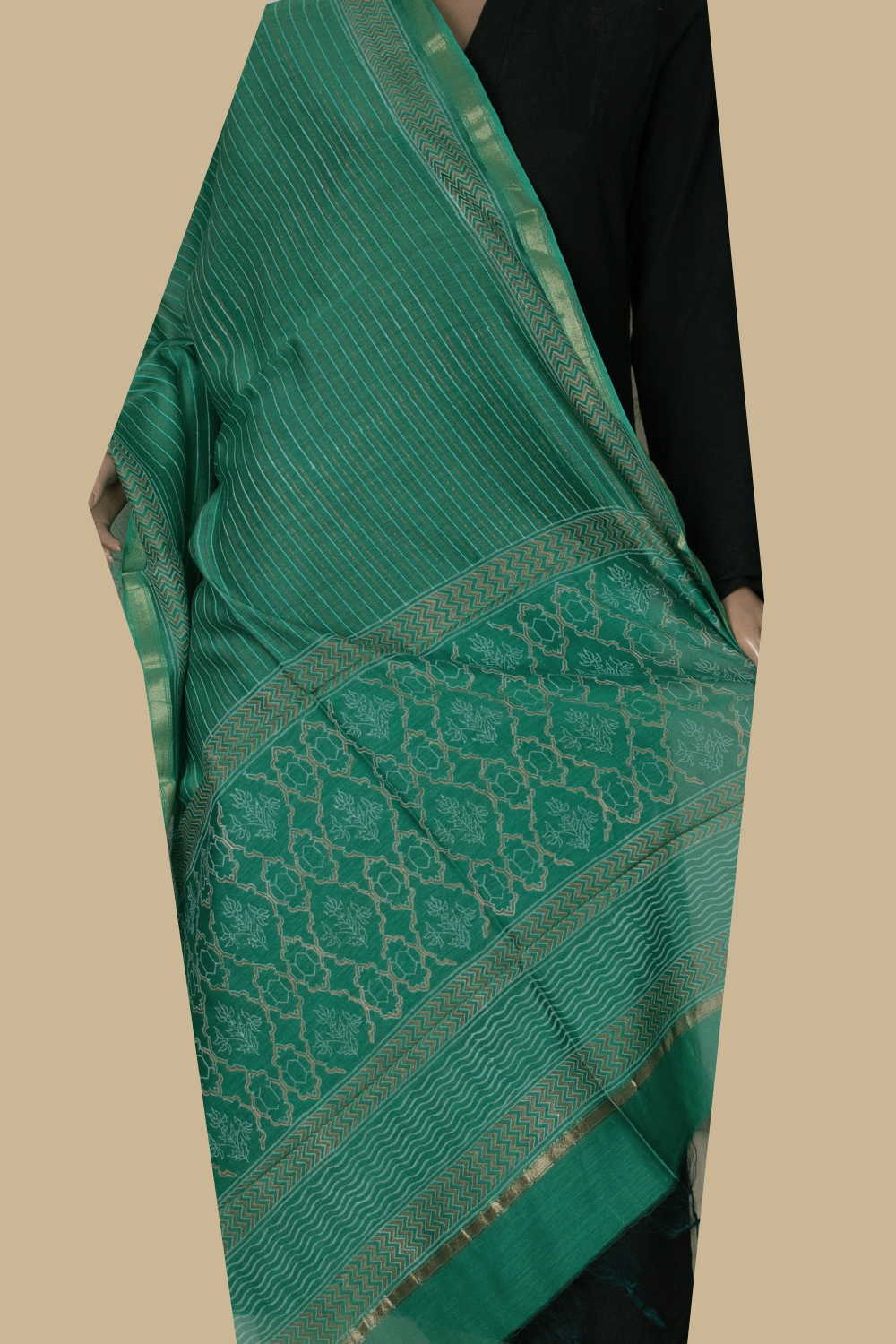 Green Block Printed Chanderi Dupatta