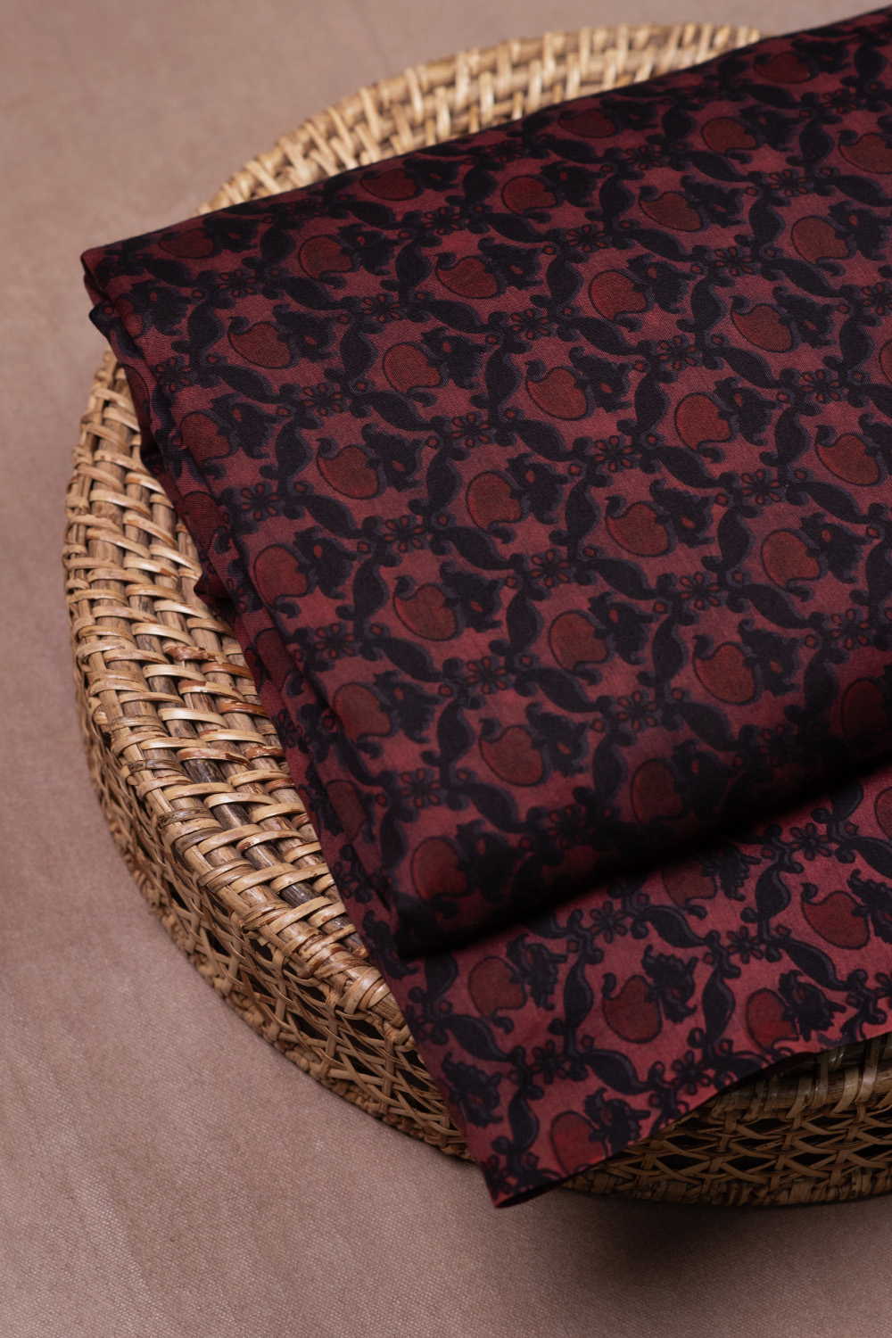 Pinkish Maroon Block Printed Chanderi Fabric