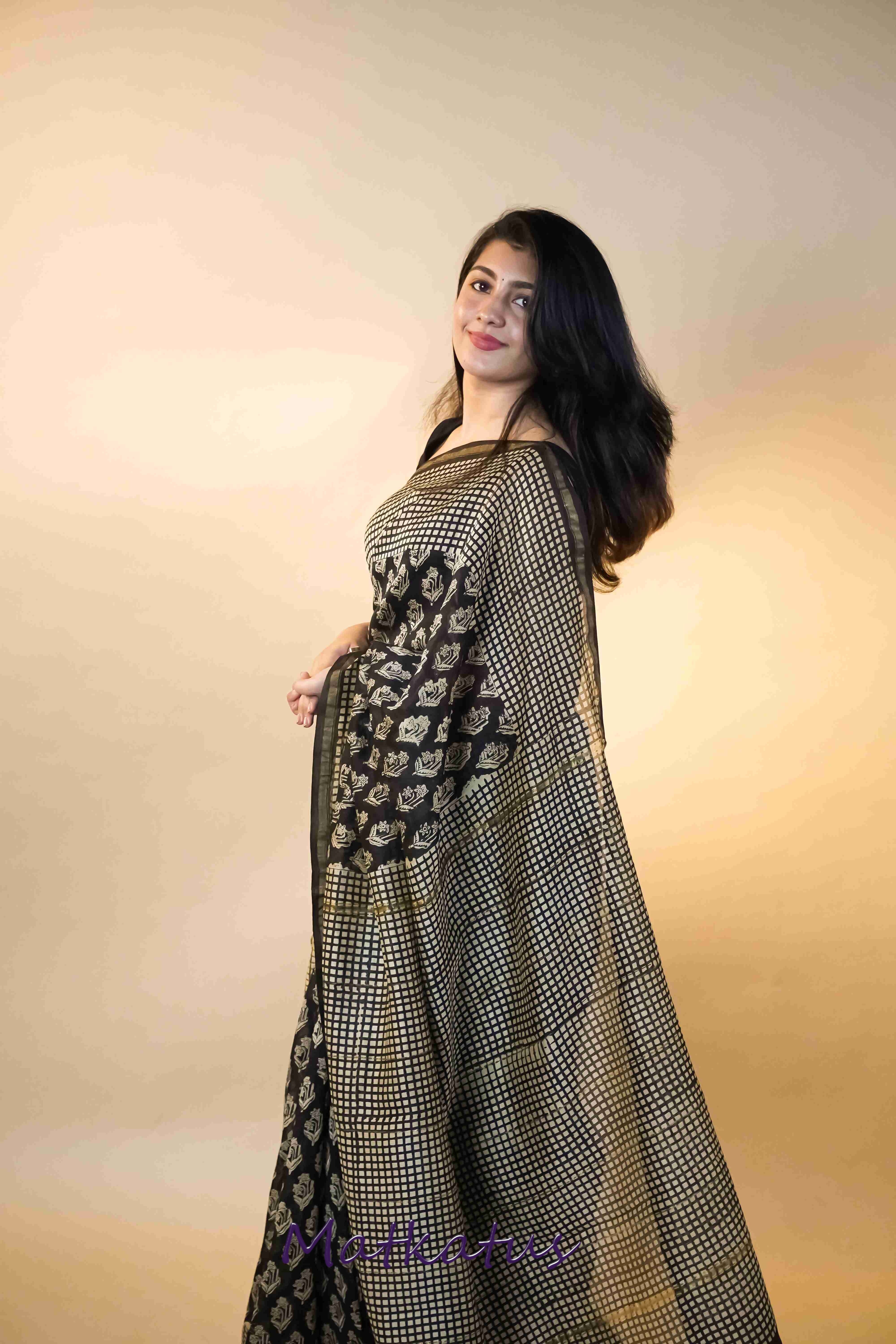 Florets on Black Block Printed Chanderi saree - Image 7