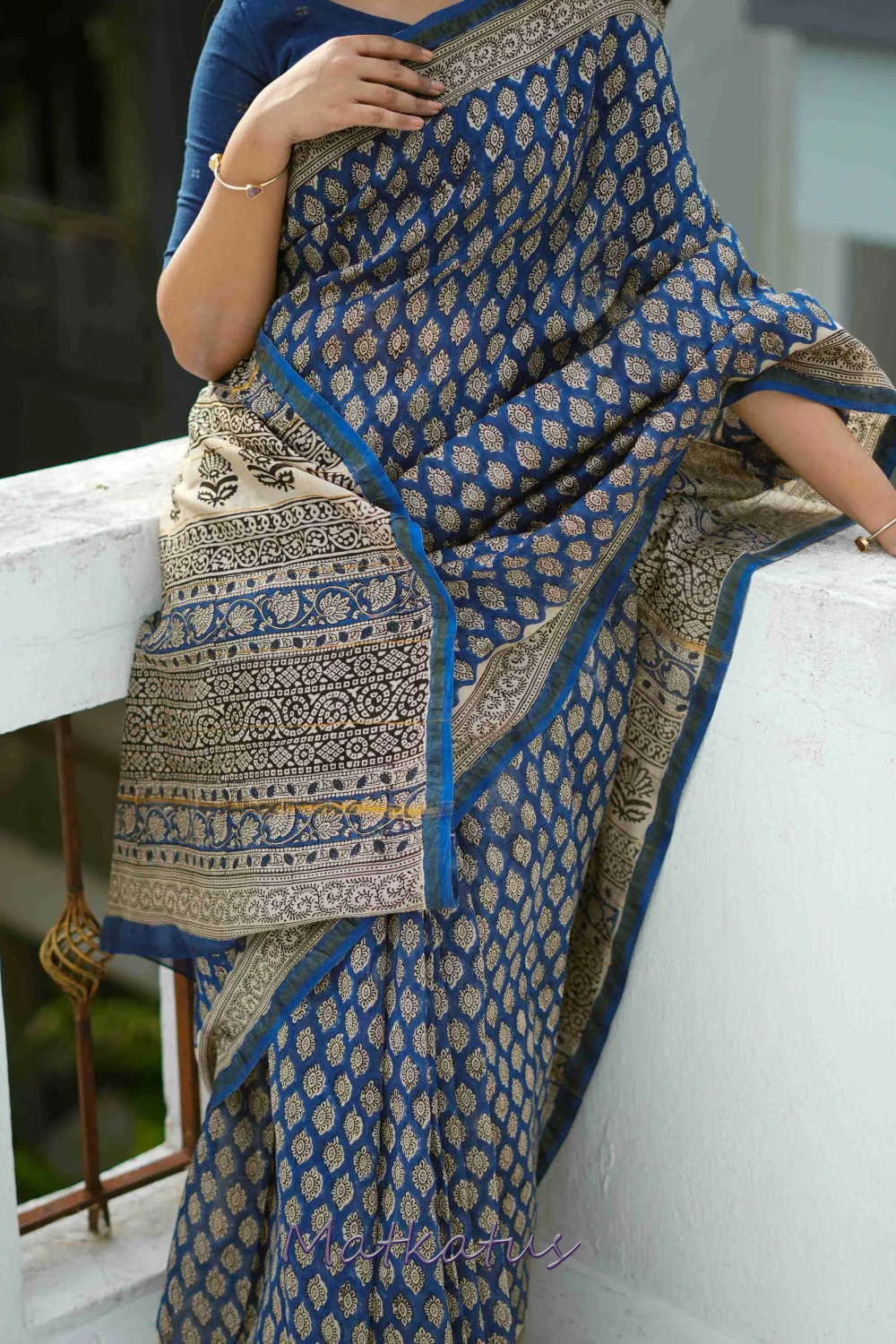 Butta on Blue Block Printed Chanderi saree - Image 2