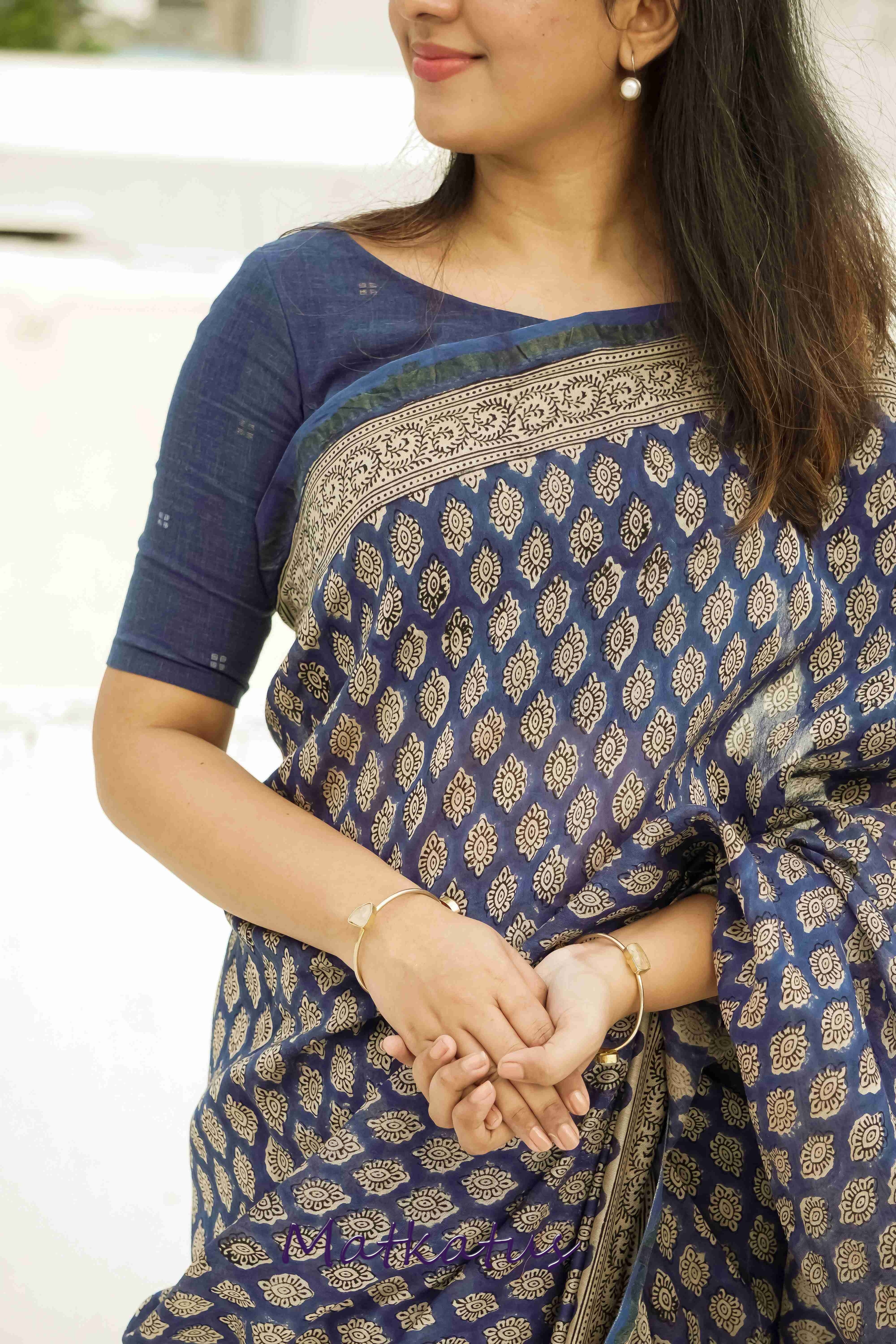 Butta on Blue Block Printed Chanderi saree - Image 3