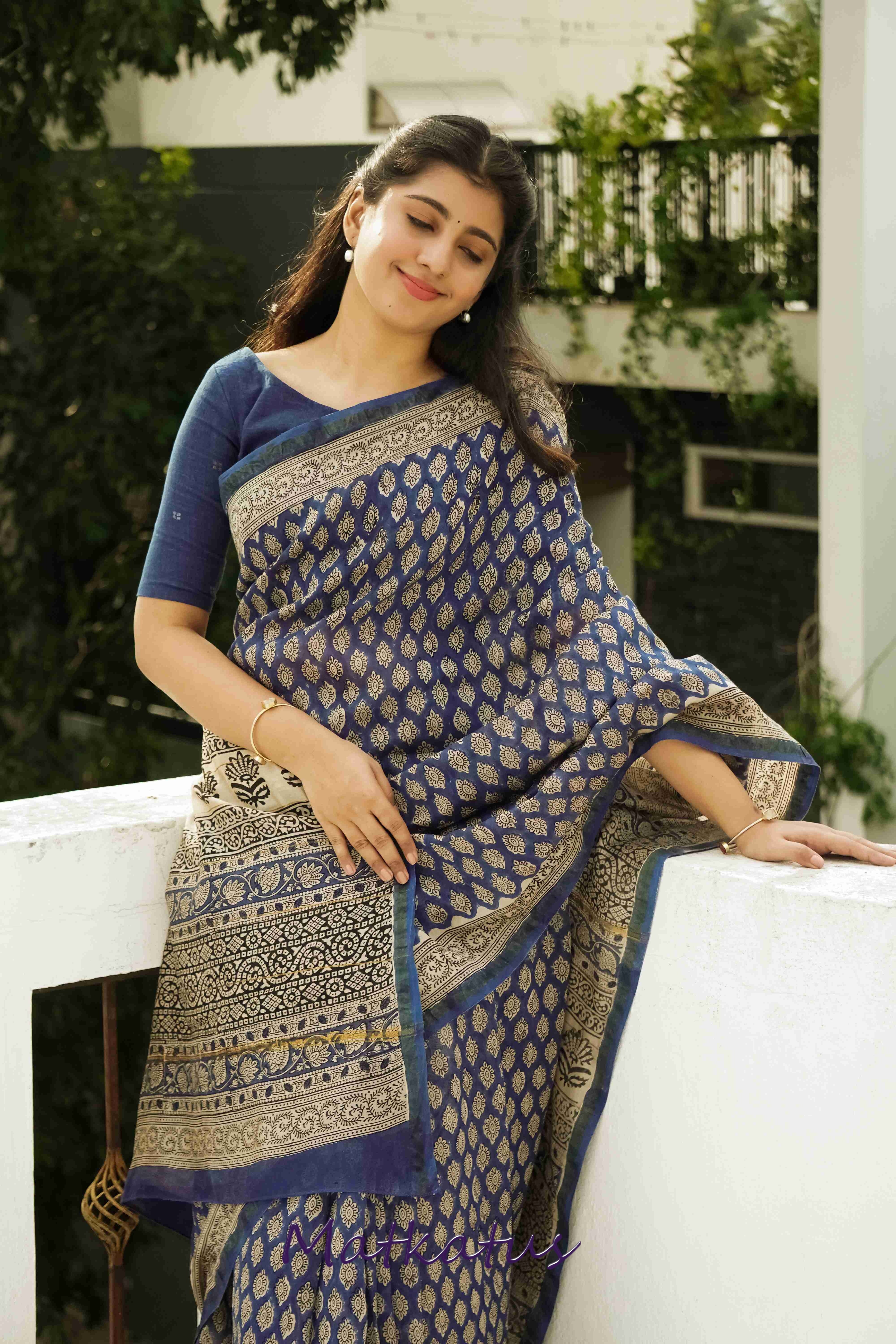 Butta on Blue Block Printed Chanderi saree - Image 5