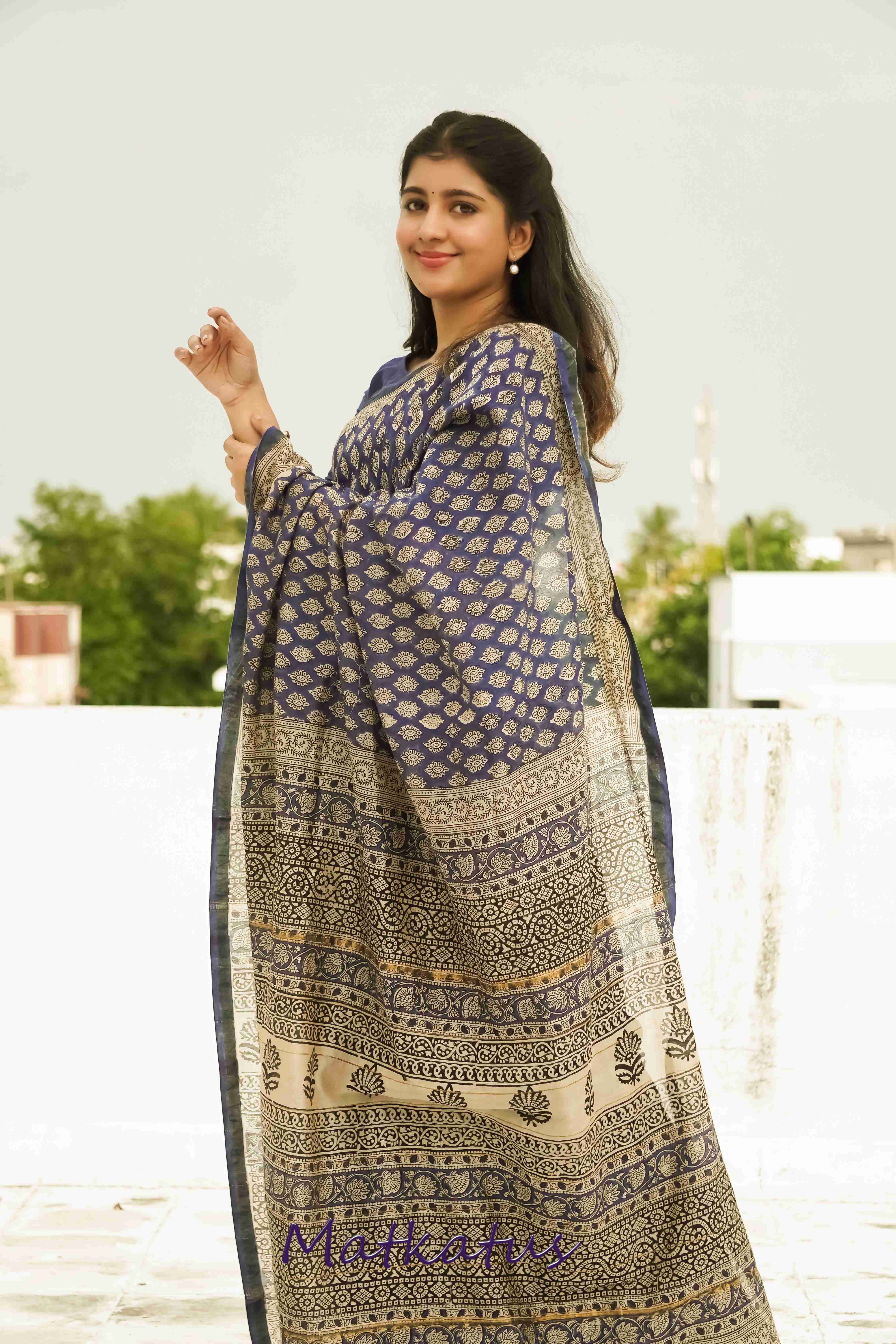 Butta on Blue Block Printed Chanderi saree - Image 6