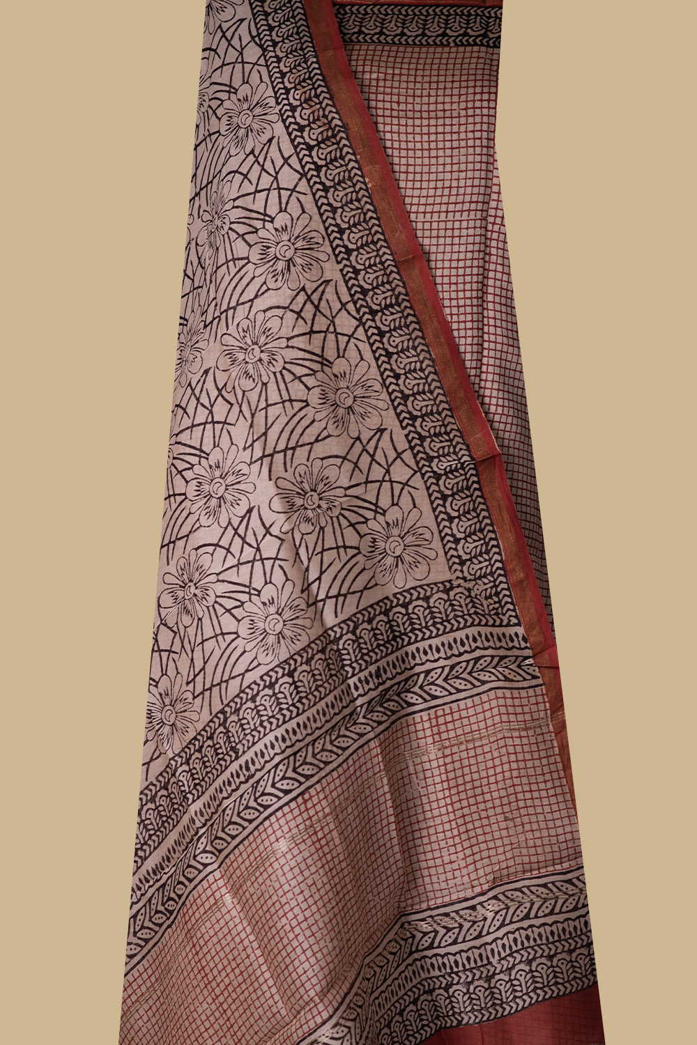 Maroon Checkered Block Printed Chanderi Suit