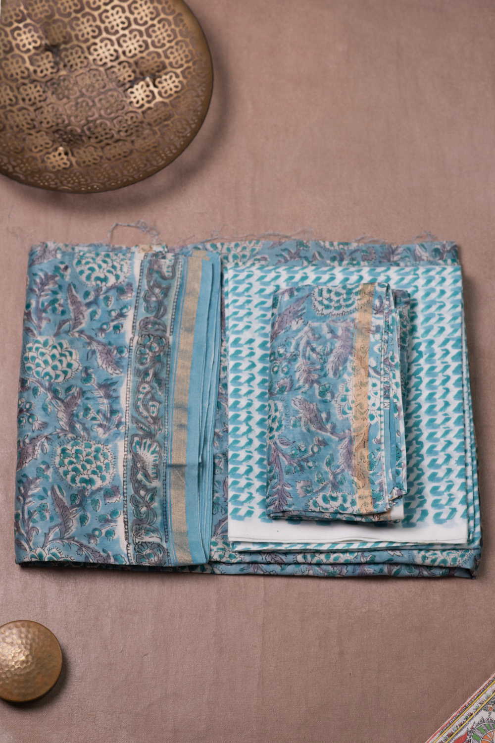 Blue Block Printed Chanderi Suit