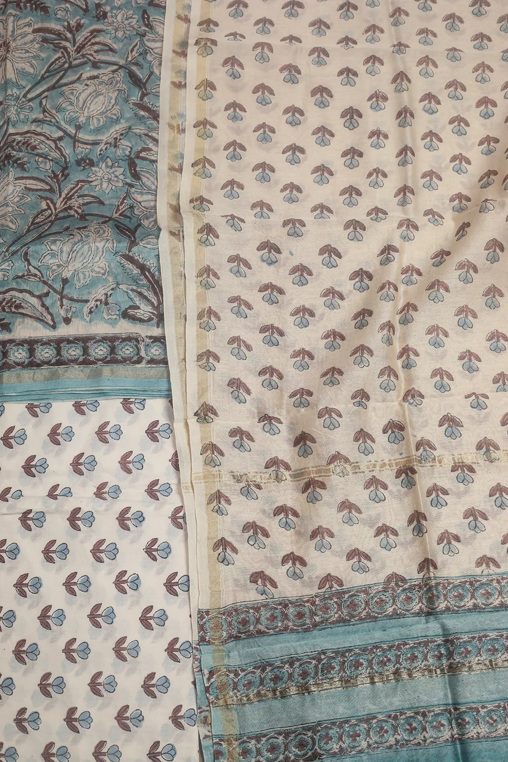 Florals on Ice Blue Block Printed Chanderi Suit - Image 3