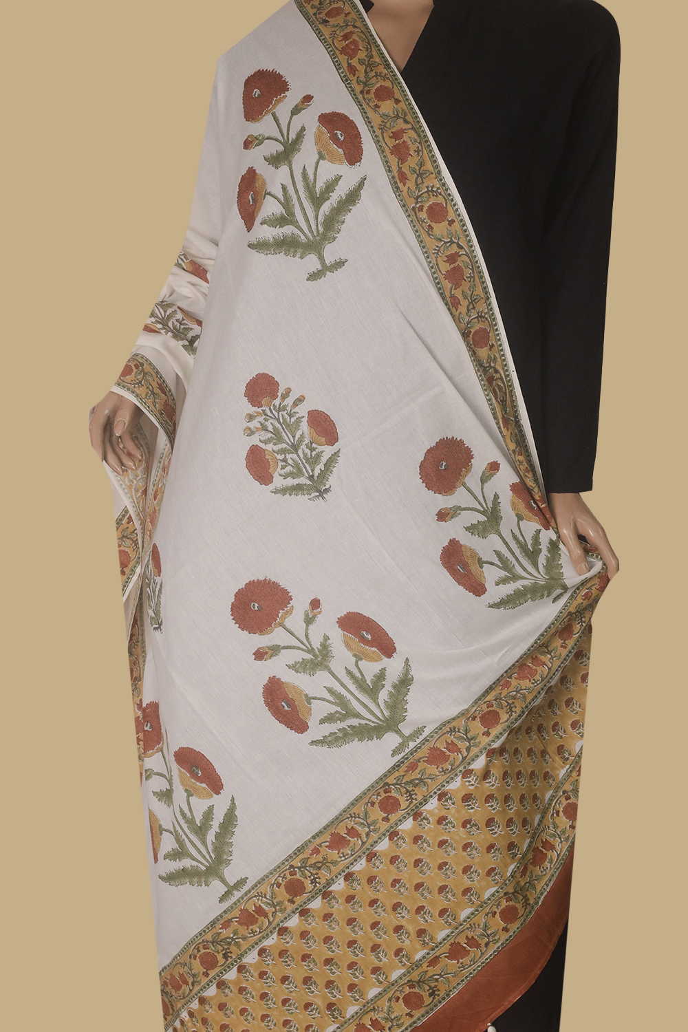 Tri Floral - Cream Block Printed Cotton Dupatta