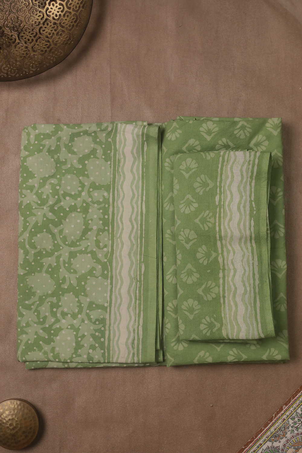 Muted Green Block Printed Cotton Suit - Image 2