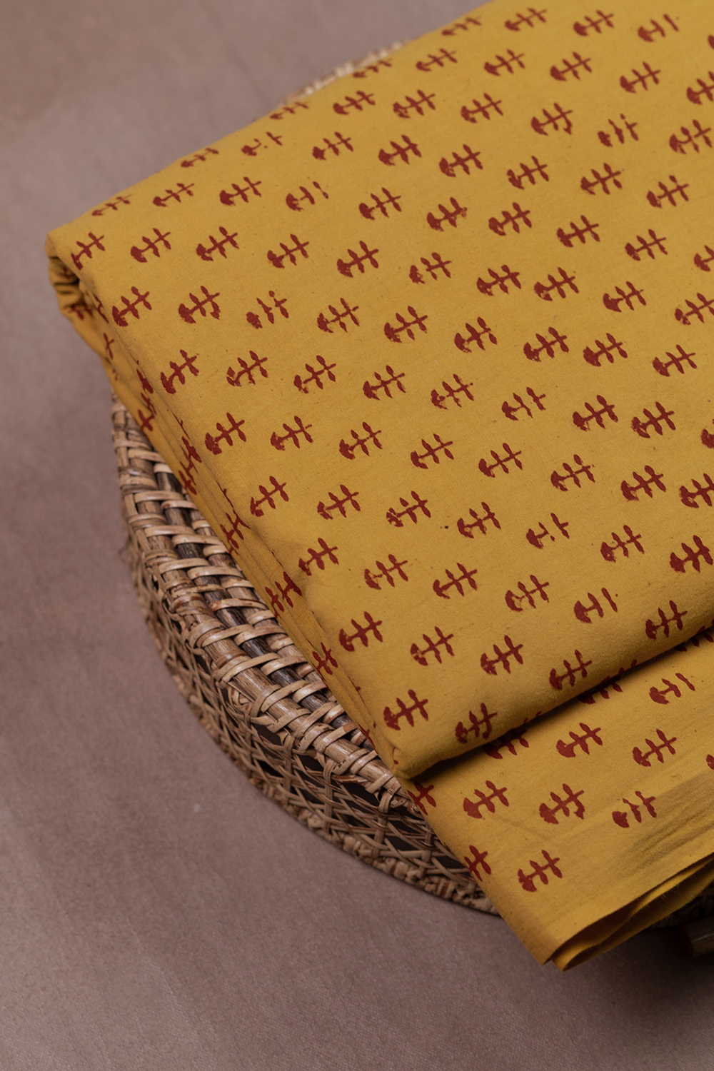 Yellow with Motifs Block Printed Cotton Fabric