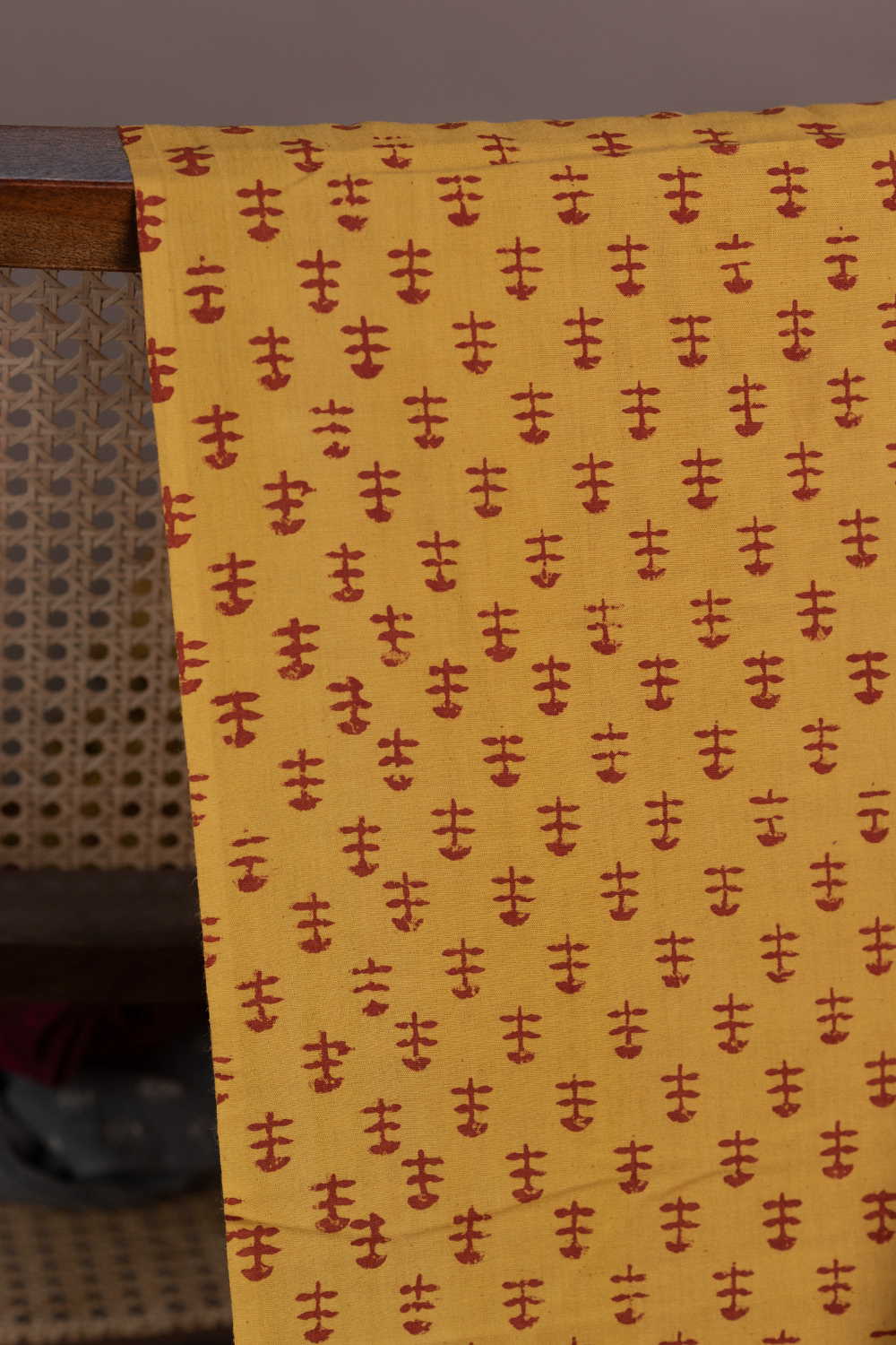 Yellow with Motifs Block Printed Cotton Fabric - Image 2