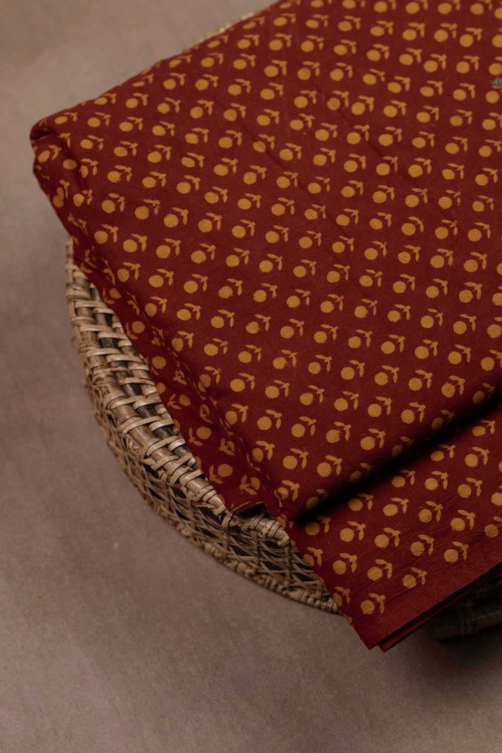 Muted Maroon with Yellow Florets Block Printed Cotton Fabric