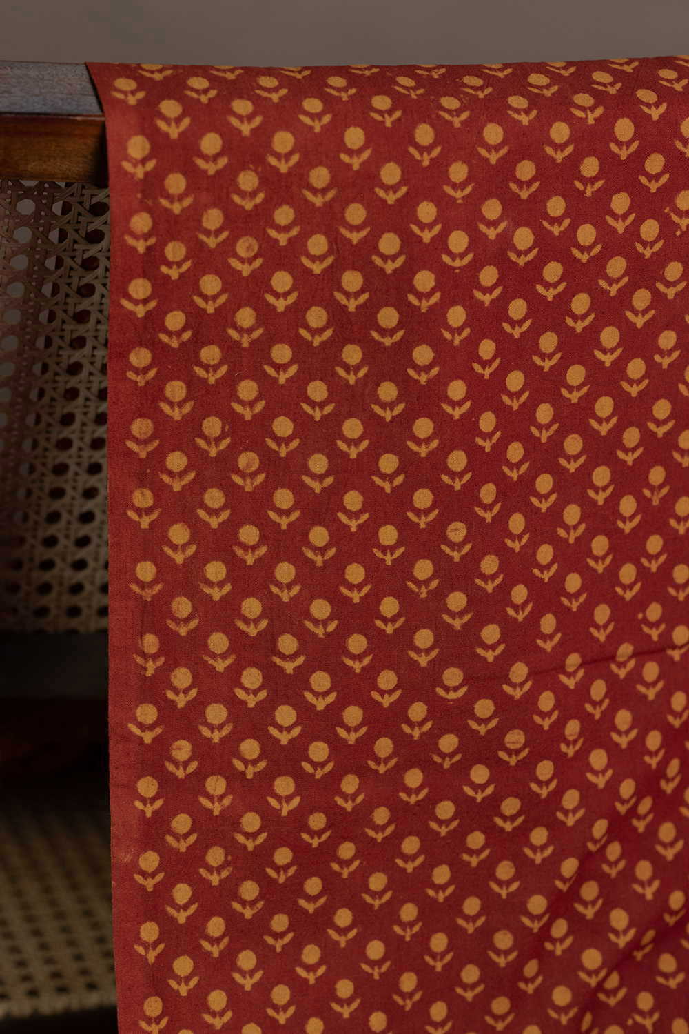 Muted Maroon with Yellow Florets Block Printed Cotton Fabric - Image 2