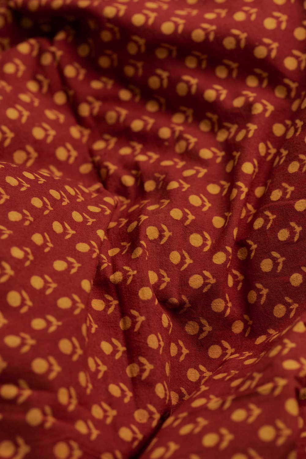 Muted Maroon with Yellow Florets Block Printed Cotton Fabric - Image 3
