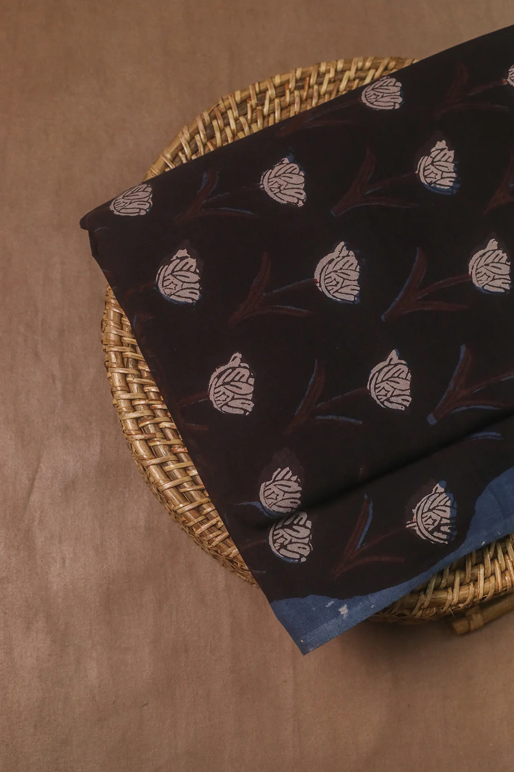 Florals on Dark Grey Dabu Cotton Fabric