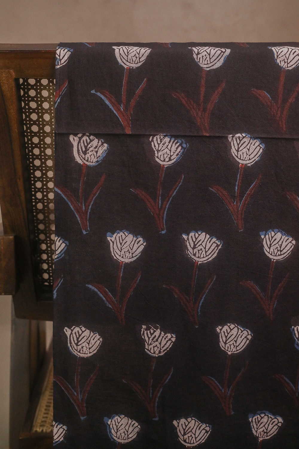 Florals on Dark Grey Dabu Cotton Fabric - Image 2
