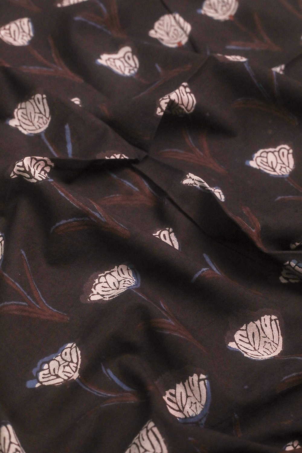 Florals on Dark Grey Dabu Cotton Fabric - Image 3