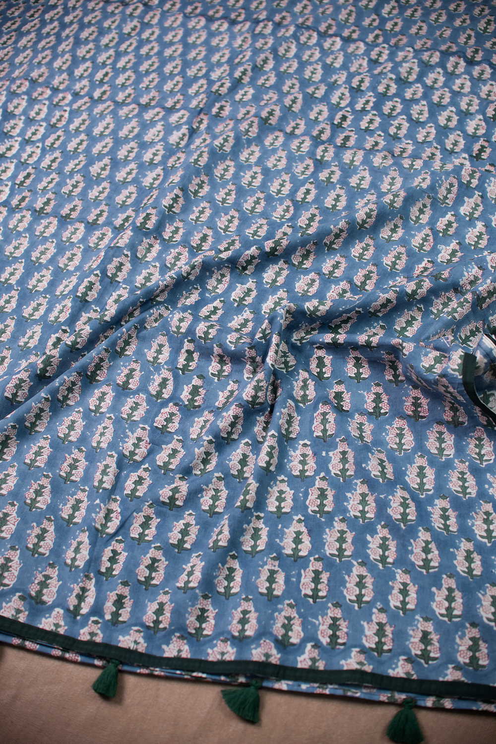 Floral Butta - Blue Sanganeri Cotton Saree - Image 2