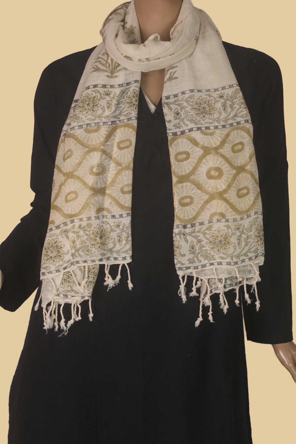 Big Butta on Cream Block Printed Slub Cotton Stole
