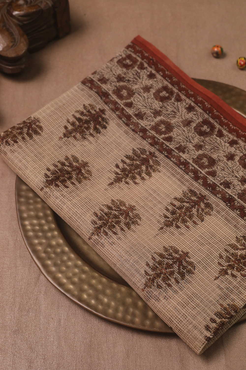 Beige with Florals Block Printed Kota Cotton Dupatta