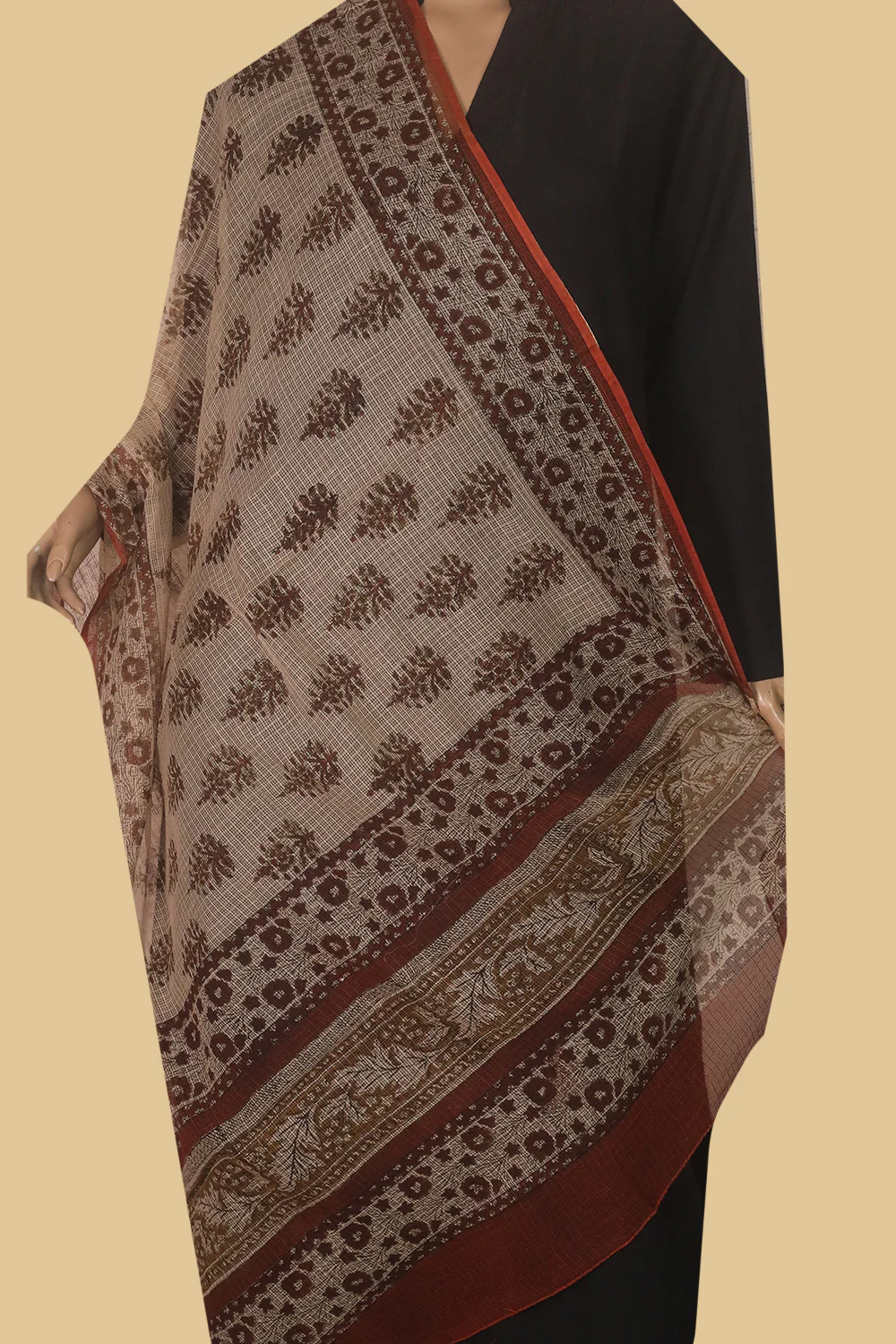 Beige with Florals Block Printed Kota Cotton Dupatta - Image 2