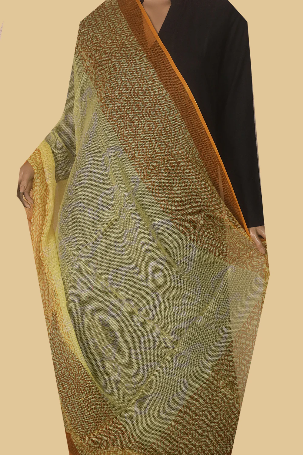 Mild Yellow Block Printed Kota Cotton Dupatta - Image 2