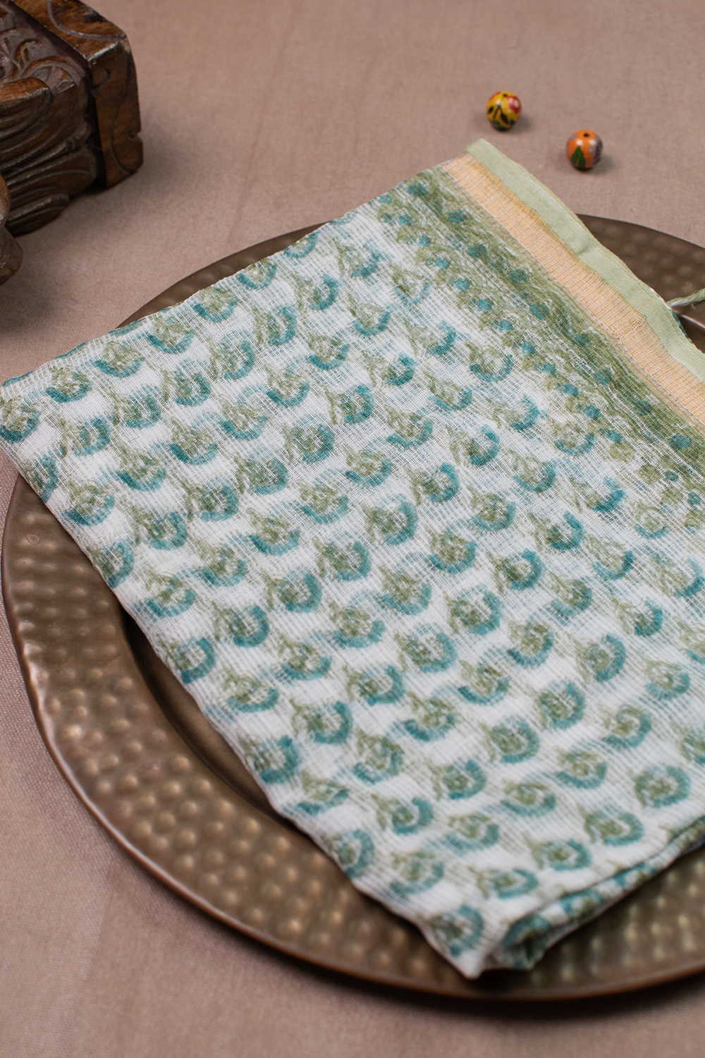 Green Florets - Cream Block Printed Kota Cotton Dupatta