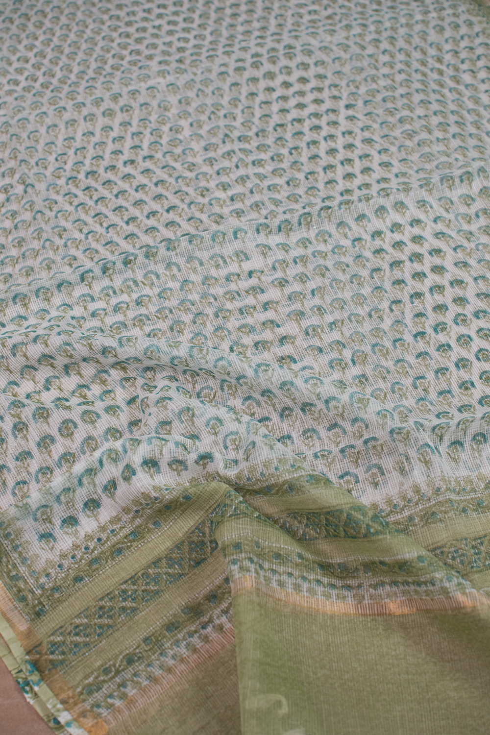 Green Florets - Cream Block Printed Kota Cotton Dupatta - Image 2