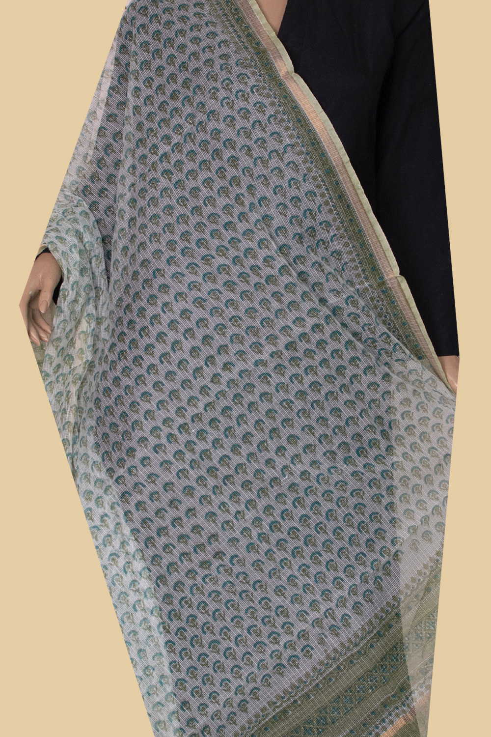 Green Florets - Cream Block Printed Kota Cotton Dupatta - Image 3