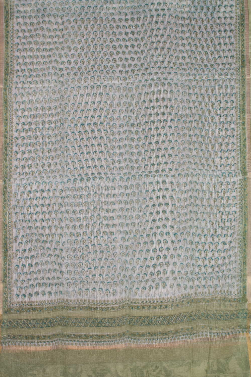 Green Florets - Cream Block Printed Kota Cotton Dupatta - Image 4
