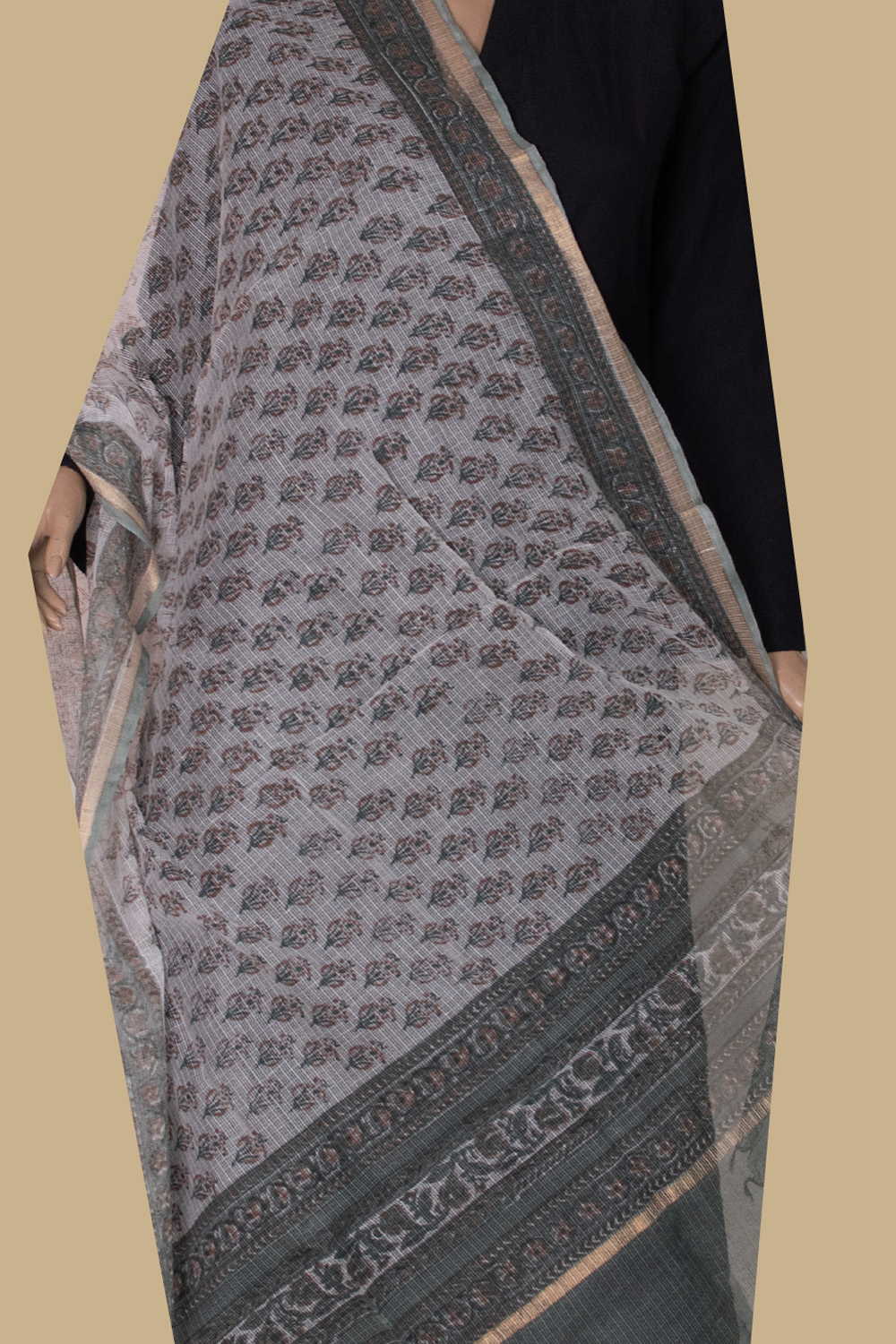 Florets on Cream Block Printed Kota Cotton Dupatta - Image 2