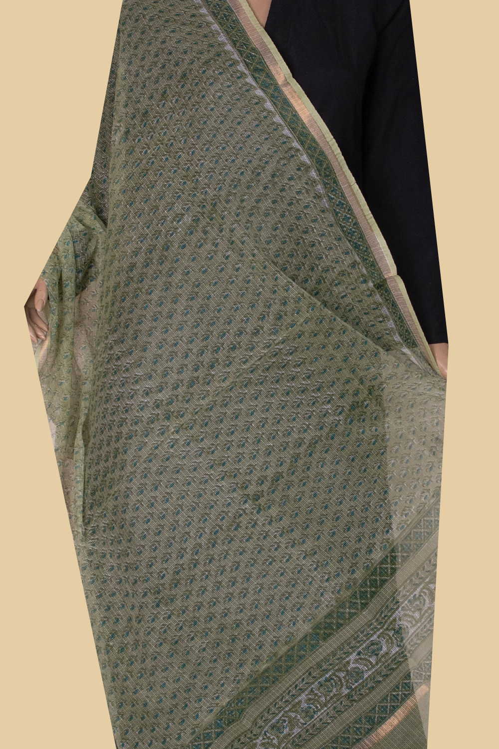 Green - Tiny Motifs Block Printed Kota Cotton Dupatta - Image 3