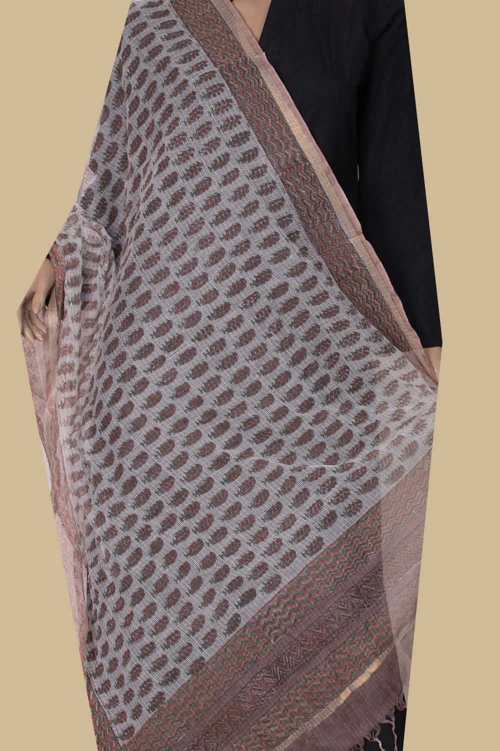Creamy Blossom Block Printed Kota Cotton Dupatta