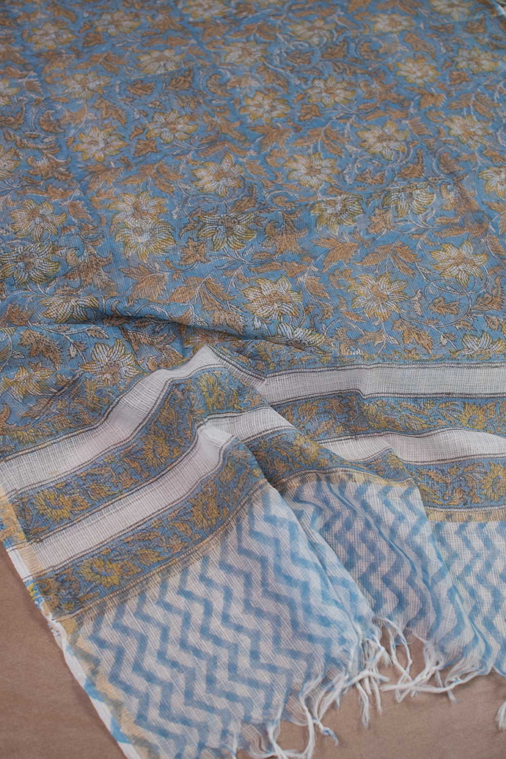 Floral Garden - Blue Block Printed Kota Cotton Dupatta - Image 2